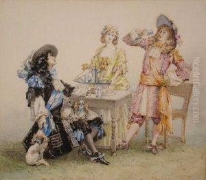King Charles Ii & The Chocolate Girl - Royalty Seated With King Charles Spaniels At Table by Percy Thomas Macquoid
