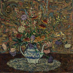 Bouquet Of Flowers In A Blue And White Teapot by Elmer Livingston Macrae