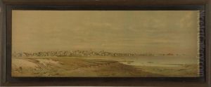 Panoramic View Of Nantucket. Signed And Dated In Plate Wendell Macy 1884". Panoramic View Of Nantucket. Signed And Dated In Plate Wendell Macy 1884".