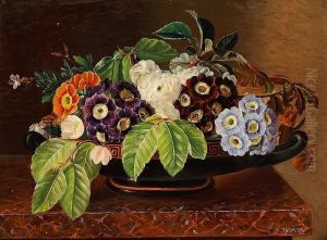 F. Thorsoe: Primula And Fresh Beech Twigs In A Greek Bowl