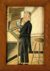 Watercolor Interior Scene Depicting A Gentleman Standing At A Desk Beside A Windsor Stool