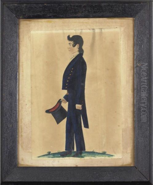 Portrait Of A Handsome Dark Haired Young Man In Black Coat And Black Top Hat - view 1
