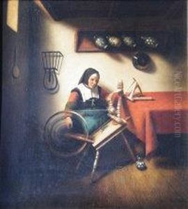 Lady At A Spinning Wheel by Adolphe Maes