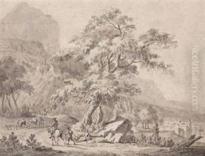 Reizigers Met Paarden En Vee In Berglandschap