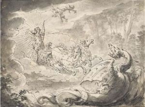 Un Putto Dans Un Char Tirant A L'arc Sur Un Dragon