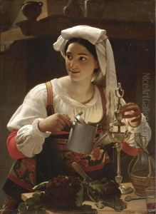 A Young Maiden Filling An Oil Lamp