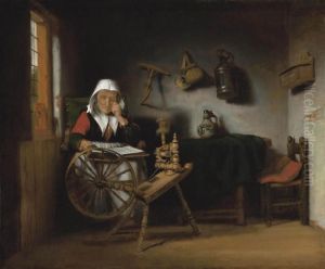 An Old Woman Reading By A Spinning Wheel by Nicolaes Maes