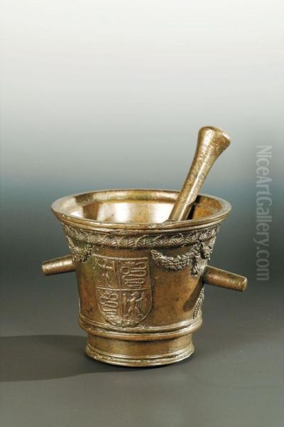 Mortaio Con Armi Sforza E Con Festoni, Completo Di Pestello; Bronzo. - view 1