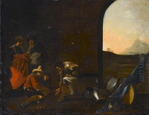 Soldiers Playing Dice, A Flag And Armour Lying Nearby by Maestro Dei Mestieri