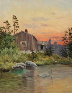 Haus Am Fluss Im Abendrot by Frans Maexmontan