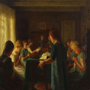 Group Of Young Girls Sewing by Valdemar Magaard