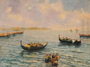 Marina Con Barche E Pescatori by Giuseppe Maggi