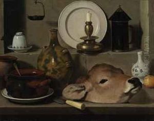 An Oil Lamp, Ceramics, Brass Lantern, Knife, Onion And Calf'shead by Carlo Magini