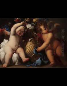 Coppia Di Angioletti Con Vaso Di Fiori Dorato by Stefano Magnasco