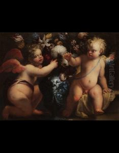 Coppia Di Angioletti Con Vaso Di Fiori Istoriato by Stefano Magnasco