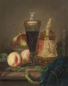 An Ornamental Urn, A Goblet Of Wine, A Bowl Of Figs, Peaches, A Plum And A Drape On A Ledge by Desire Alfred Magne