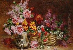 Still Life Flowers With Urn And Basket by Desire Alfred Magne