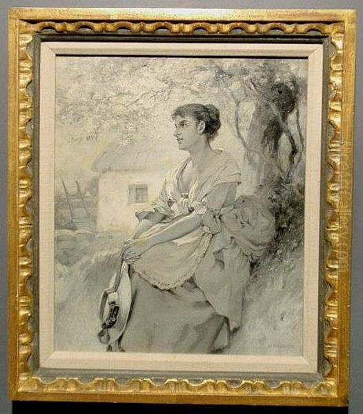 A Woman Seated Under A Tree With Cottage In The Background - view 1