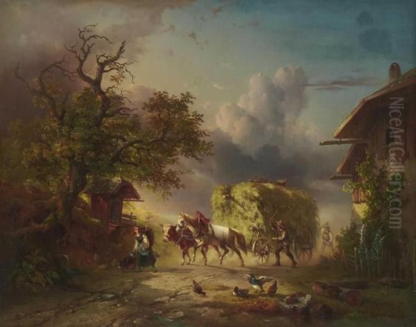 Bauern Mit Heuwagen Auf Dorfstrase. - view 1