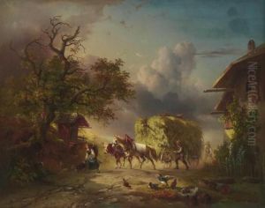 Bauern Mit Heuwagen Auf Dorfstrase. by Edmund Mahlknecht