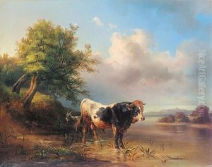 Stier Und Ziege Am Wasser by Edmund Mahlknecht