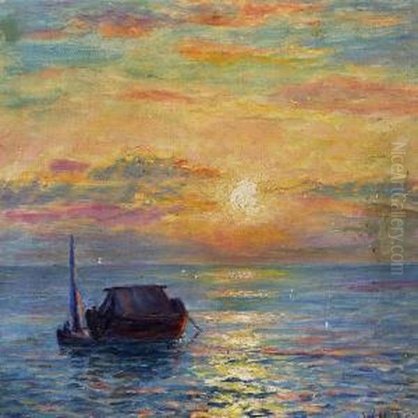 Seascape With A Fishing Boat At Sunset - view 1