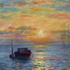 Seascape With A Fishing Boat At Sunset by Wartan Mahokian