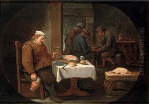 A Peasant At Dinner In A Tavern, In A Painted Oval by Cornelis Mahu