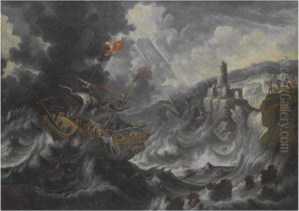 A Coastal Landscape With Shipping Caught In Tempestuous Seas - view 1