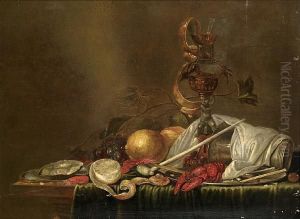 Roemer
Of White Wine With A Pewter Tankard And Peeled Lemons And Oysters On A Draped Table-top