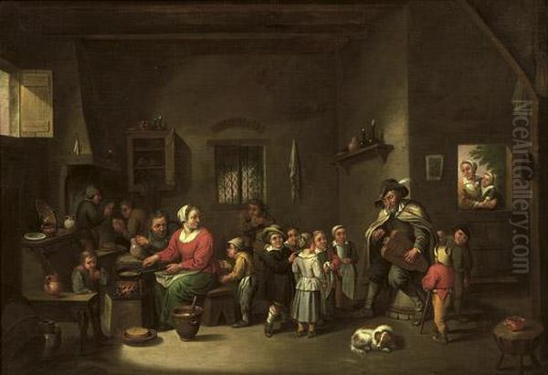An Interior With A Hurdy-gurdy Player Making Music - view 1
