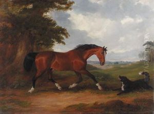 A Bay Hunter And A Spaniel In A Wooded Landscape by Joseph Maiden