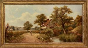 Figures Outside A Farmouse by Henry Maidment