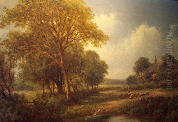 Shepherd With Flock By A Stream - view 1