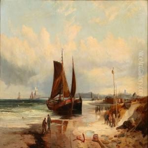 Coastal Scene With Ships And Fishermen On The Beach