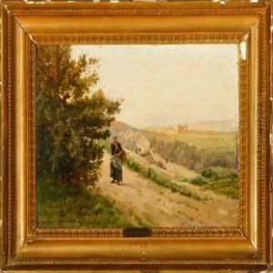 French Landscape With A Young Girl Walking On The Village Road by Gustave Maincent
