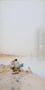 Children Resting Beside The Lagoon, Venice by Raffaele Mainella
