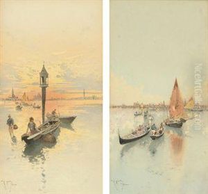 Fishing For Shrimp; And Gondolieri On The Lagoon, Venice by Raffaele Mainella