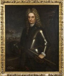 Rouvingy, Earl Of Gallway. Three Quarter Length, In Armour, Abattlefield In The Background