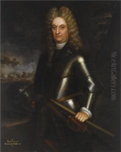 A Portrait Of Rouvigny, Earl Of Gallway, Standing Three-quarter Length, Wearing Armour, A Cavalry Battle Scene Beyond
