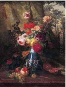 Nature Morte Aux Fruits Et Aux Fleurs Dans Un Paysage by Jean Etienne Joanny Maisiat