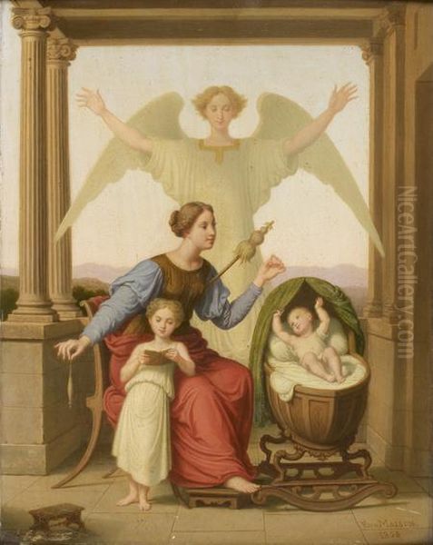 Jeune Mere Et Ses Enfants Veilles Par Leur Ange Gardien - view 1