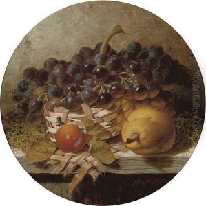 Grapes In A Wicker Basket With A Plum And Lemon To The Side, On A Wooden Ledge by Henry A. Major