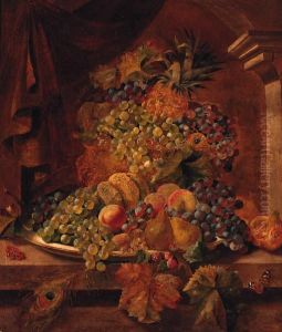 Grapes, Raspberries, Pomegranates, Pears, Peaches, Redcurrants, Apineapple, And A Gourd On A Stone Ledge