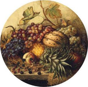 Grapes, Raspberries, A Gourd, A Pomegranate, A Peach, A Pineapple,a Wasp And Butterflies, On A Wooden Ledge by Henry A. Major