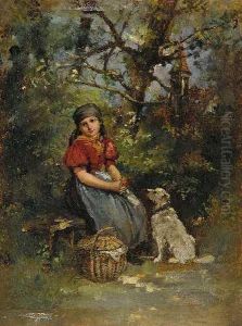 Madchen Mit Hund Aufeiner Bank Am Waldrand