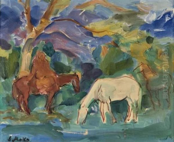 Cavaliere Et Chevaux Sous Un Arbre - view 1