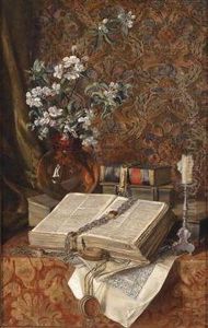 Still Life Of Folios And Cherry Blossoms