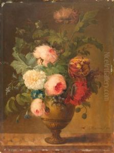 Bouquet Of Flowers In A Vase On A Stone Slab by Joseph Laurent Malaine