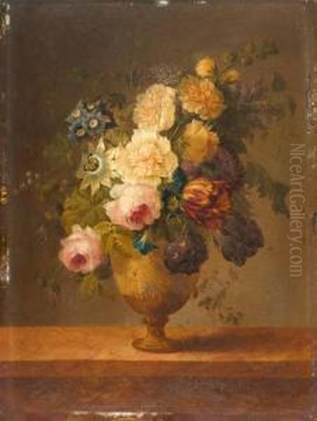 Bouquet Of Flowers With Tulips And Roses In A Stone Vase - view 1